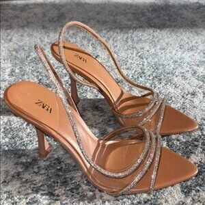 Zara Clear Vinyl Rhinestone Pointy Slingback Sandal Heels Size 39/8